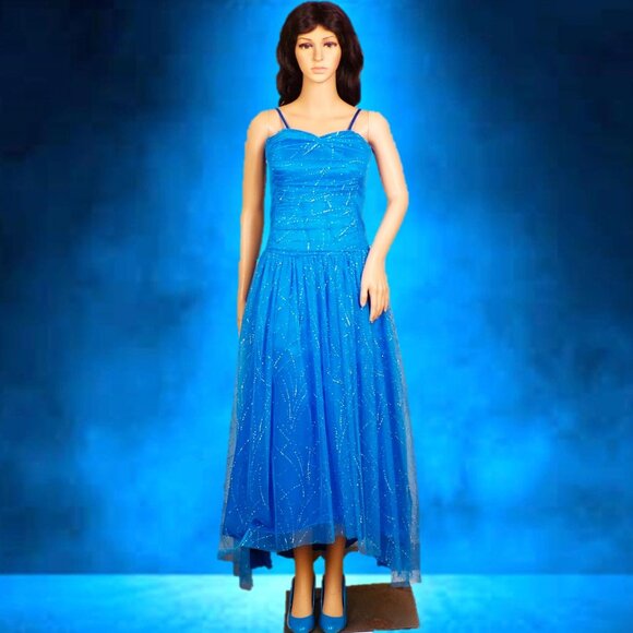 REIGN ON size 7/8 blue pageant/performance/prom gown 100% polyester spot clean - Picture 1 of 12